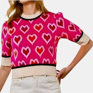 NWT THML Pink and Red Crew Neck Short Sleeved Sweater with Heart Pattern